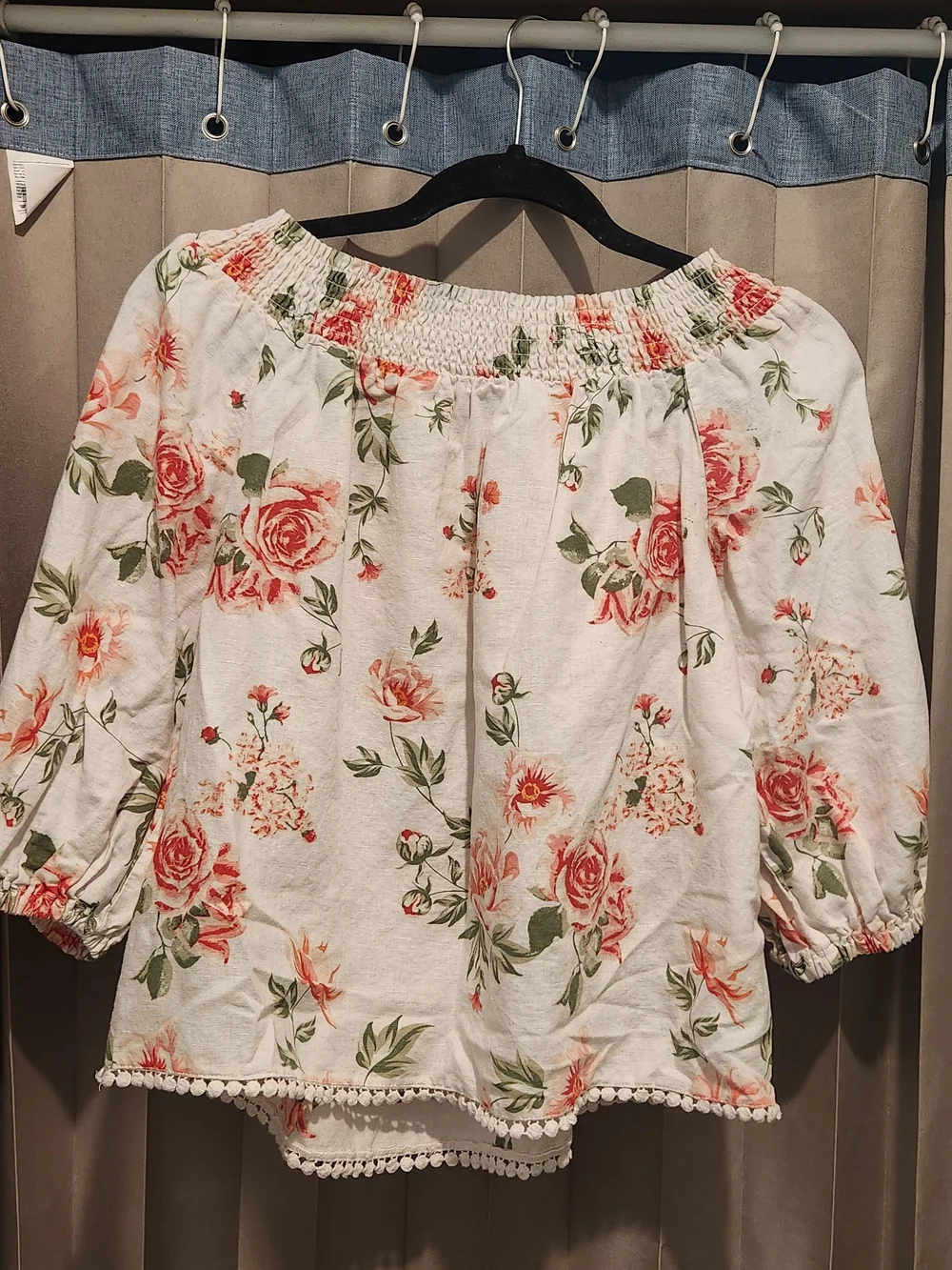Zara White Floral Off-Shoulder Smocked Blouse with Coral Roses